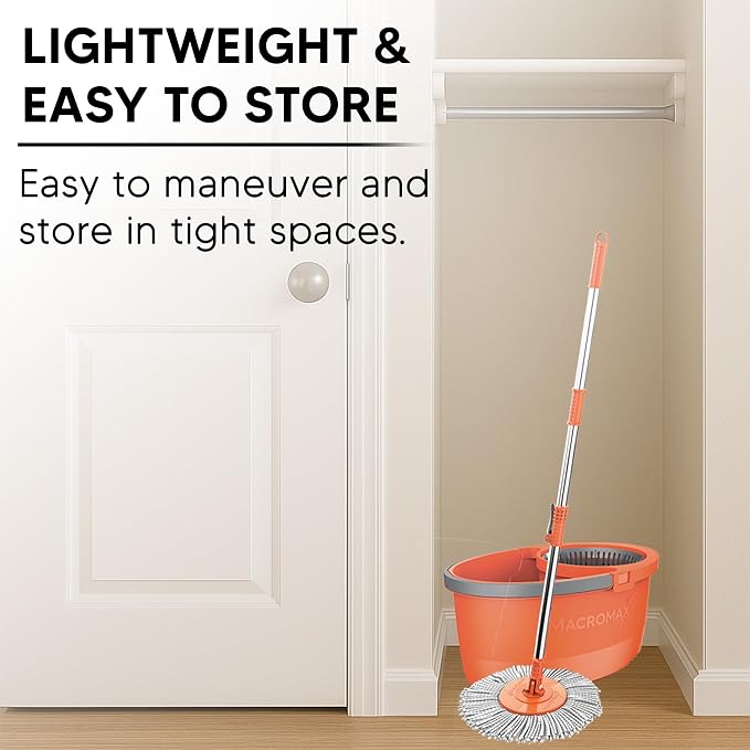 Macromax Faster Spin Mop and Bucket Set with 9 Refill– 360° Rotating Microfiber Mop with Smart Drying System – Adjustable Dampness – Ergonomic Handle – Multi-Surface Floor Cleaning Tool