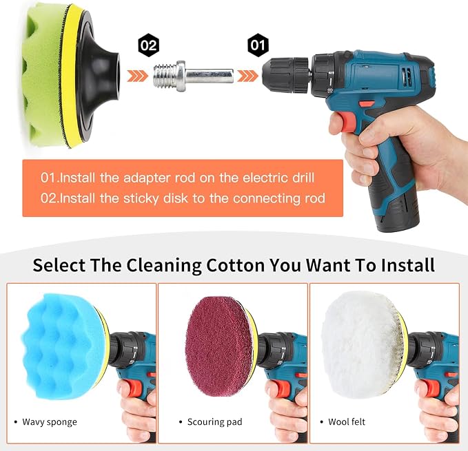 32 Pack Drill Brush Attachments Set Scrub Pads Sponge Buffing Pads Crevice Cleaning Brush for Home Bathroom Car Kitchen Corners Sink Stubborn Stains Tiles Car Polishing Kit