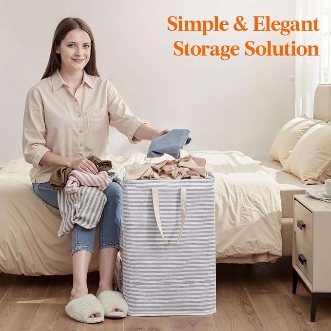 Lifewit 65L Collapsible Laundry Basket with Extended Handles, Grey | Foldable Laundry Hamper, Slim Dirty Clothes Basket, Waterproof, Freestanding Design for Bedroom, Bathroom, College Dorm