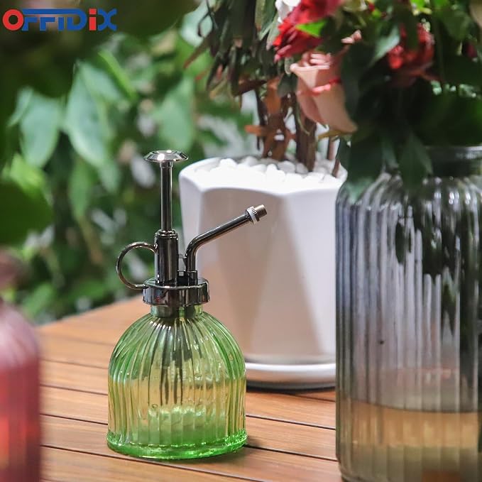 OFFIDIX Glass Plant Mister, Vintage Style Spray Bottle 6.7oz Light Green | 6.3" Tall, Spritzer Bronze Plastic Top Pump, 200ml One Hand Watering Can Indoor, Glass Spray Bottle for Garden Small Plant