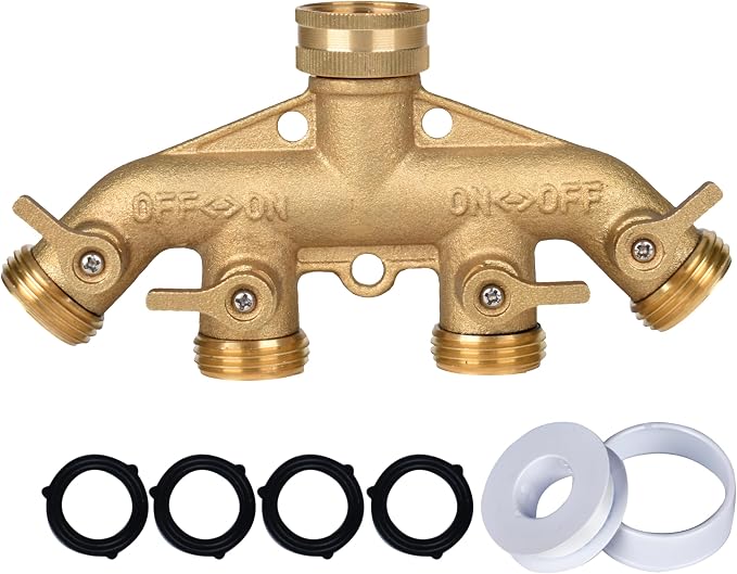HEAVY DUTY Brass 4 Way Faucet Splitter, 4 Port Manifold, 4-Way Garden Hose Splitter, 3/4" Heavy-Duty Spigot Adapter with Ergonomic Solid Brass Shutoff Levers, Individual Shutoff Valves, Leak-Resistant