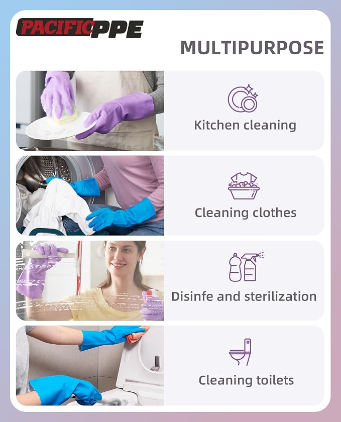 4 Pairs Dishwashing Gloves, Cotton Flocked Liner, Blue, Medium | Waterproof dishwashing gloves with non-slip grip, soft cotton lining, flexible fit for kitchen, bathroom, laundry & cleaning