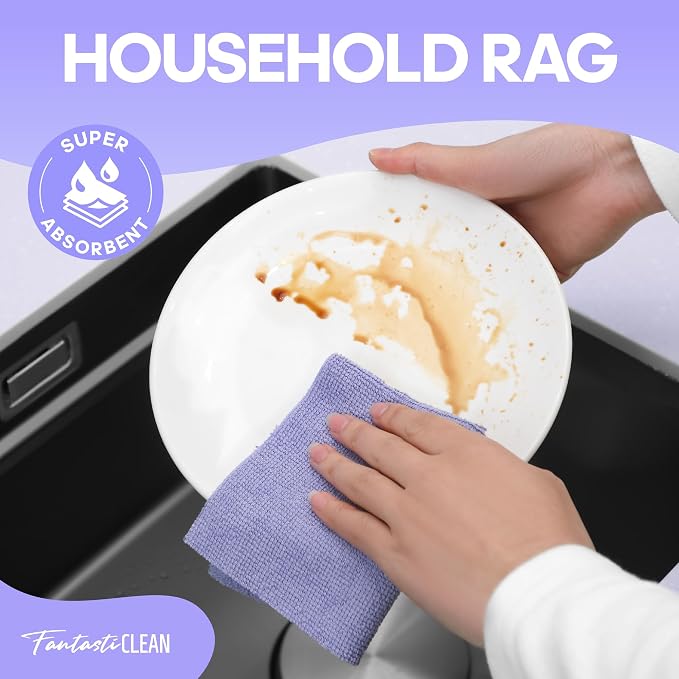 Fantasticlean Microfiber Cleaning Cloth Roll, 60 Pack, 8 x 8, Light Purple | Tear Away Microfiber Towel Roll, Reusable Paper Towels, Rags for Kitchen, Pet, Dust, Car, Office, Cleaning Supplies, Portable