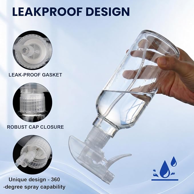 16.9oz Glass Spray Bottles 2 Pack, 360 Any-Angle Spraying | Refillable Spray Bottles with Adjustable Nozzle, Leakproof for Cleaning, Essential Oils, Plants, Hair Care
