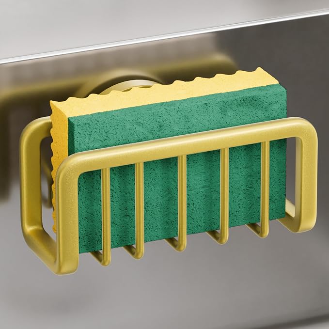 TAILI Rustproof Sponge Holder for Kitchen Sink with Suction Cup-Gold | Rustproof Aluminum Sink Caddy for Sponges, Brushes, Stoppers & Scrapers,Removable Ventilated Quick-dry Design, Holds Up 11lbs