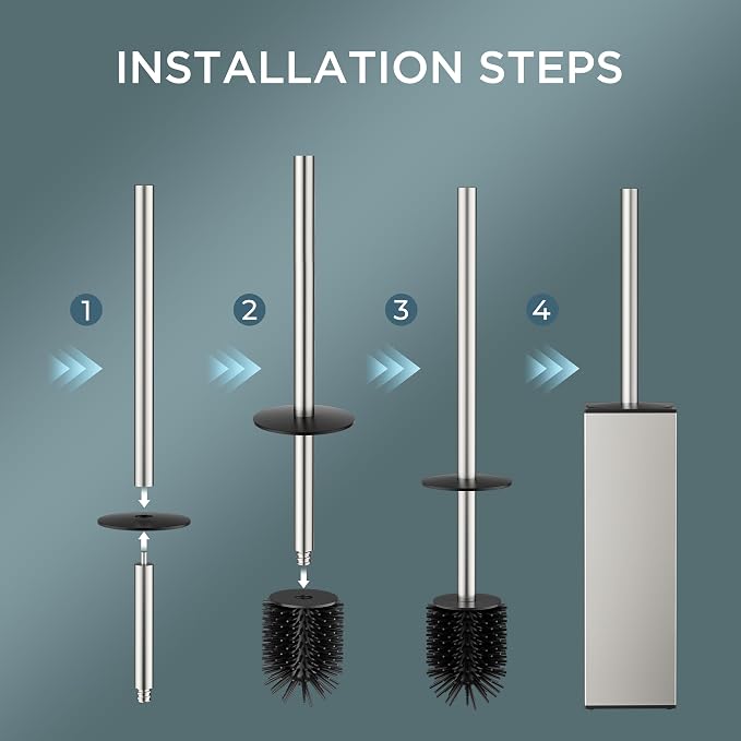 FORIOUS Stainless Steel Toilet Bowl Brush Scrubber and Holder Set Tall | Brushed Nickel, Extended Handle, Removable Inner Bowl, Fixed Splash Guard, Steel Joint, Anti-Scratch Bristle, for Bathroom RV