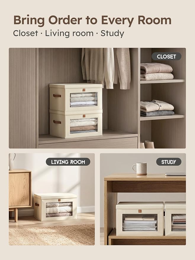 Homsorout Medium Fabric Storage bins - Collapsible Storage Bins with Open Window, 5 Pack Closet Baskets for Shelves, Stackable Decorative Boxes for Home, Dorm, Beige, 13.7"x 9.8" x 9.8"