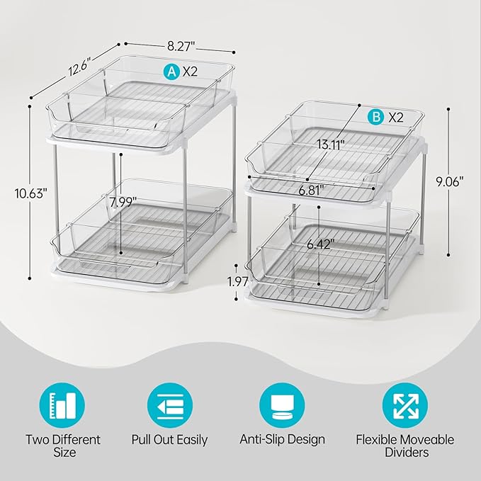 Delamu 4 Pack 2-Tier Bathroom Under Sink Organizers and Storage, Multi-Purpose Stackable Pantry Organization and Storage, Pull Out Clear Kitchen Bathroom Cabinet Organizer with Movable Dividers, White