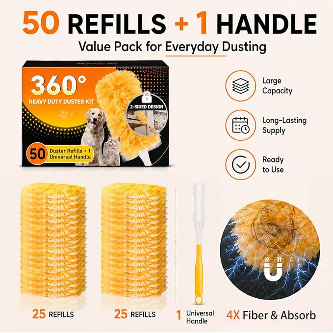Duster Refill Kit Compatible with Swiffer Duster, 50 Count | Disposable, 360° Heavy Duty Microfiber Refills, Short Handle, Multi-Surface, For Cleaning Furniture Blinds Ceiling Fan