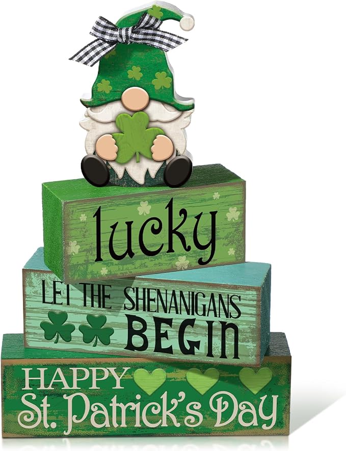 Moucuny 4 Pcs St. Patrick's Day Wood Signs Gnome Tiered Tray Table Decor | Stackable Rustic Blocks with Shamrock Prints, Centerpiece for Tiered Trays, Shelves, Bathroom, Laundry Room