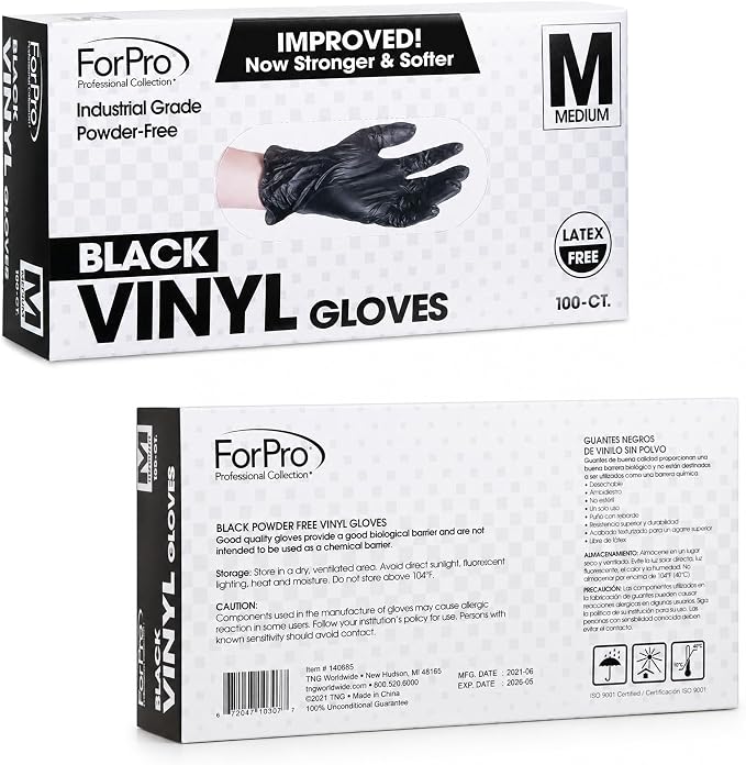 ForPro Disposable Vinyl Gloves, Industrial Grade, Powder & Latex Free, Non-Sterile, Food Safe, 2.75 Mil Palm, 3.9 Mil Fingers
