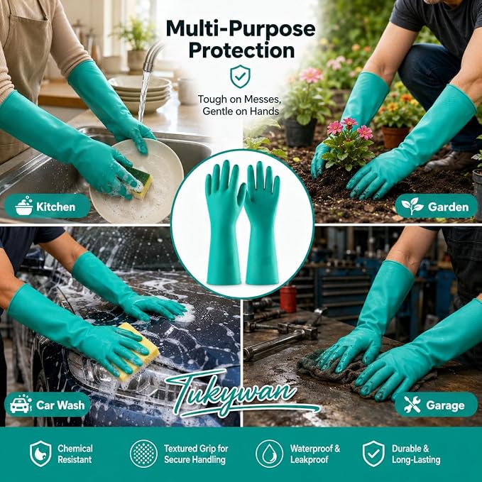 15 Mil Chemical Resistant Nitrile Gloves, Latex free Durable Cleaning Gloves, Resist Acid, Alkali, Solvent and Oil