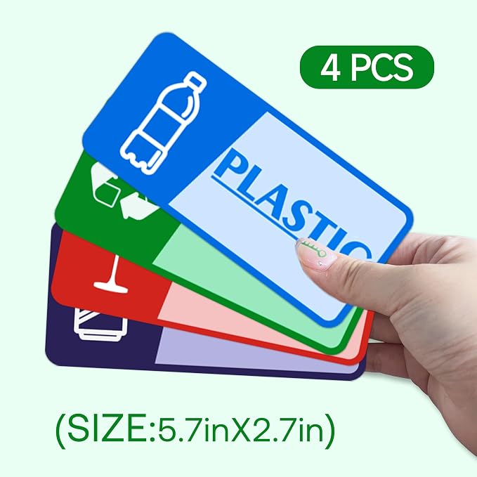 4PCS Recycle Stickers for Trash Bins，Self-adhesive Waterproof and Fade Resistant Trash Recycle Stickers, Recycling Labels for Trash Can for Home, Office, Apartment, Hotel, School and Public Area