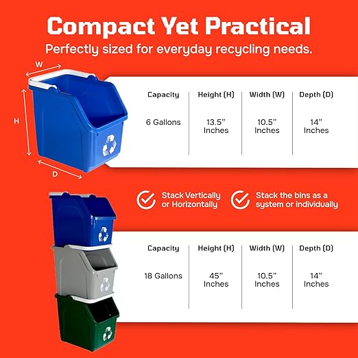 Multi Bin 6 Gallon Stackable Recycle Bins, Trash Can Kitchen Recycling Set | Recycling containers stackable design that saves floor space, while open-front bins with ergonomic handles ensure quick