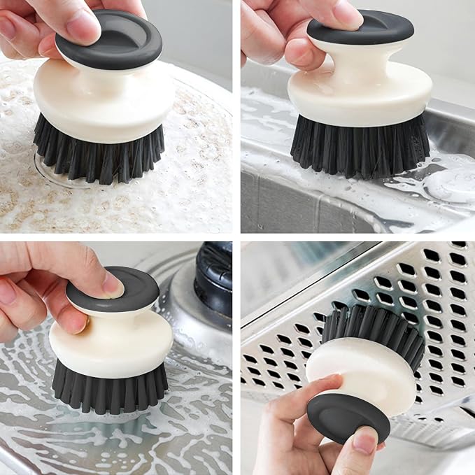 Dish Scrub Brush,Ergonomic Grip Palm Brush,Kitchen Scrub Brushes for Cleaning, Dish Scrubber with Stiff Bristles for Sink, Pots, Pans (Grey+Black)