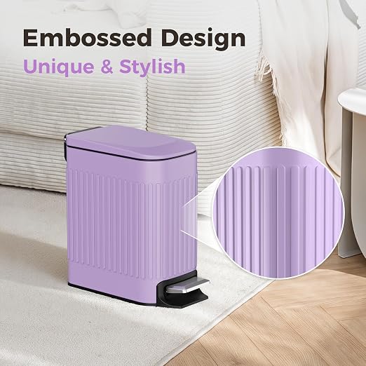 TrashAid 1.6Gal Slim Bathroom Trash Can with Lid Soft Close & Pedal, Purple | Removable Inner Bucket, Stainless Steel Garbage Can, Small Wastebasket for Toilet/Office/Bedroom, Retro Design, Odor Control