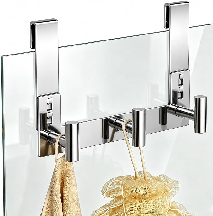 PMMASTO 3-Hook Shower Door Rack, Polished Silver, Fits 3/8-Inch Glass | Extra-Long Heavy-Duty Stainless Steel, No-Drill Design, 3 T-Shaped Hooks for Bathrobes and Towels on Frameless Shower Doors
