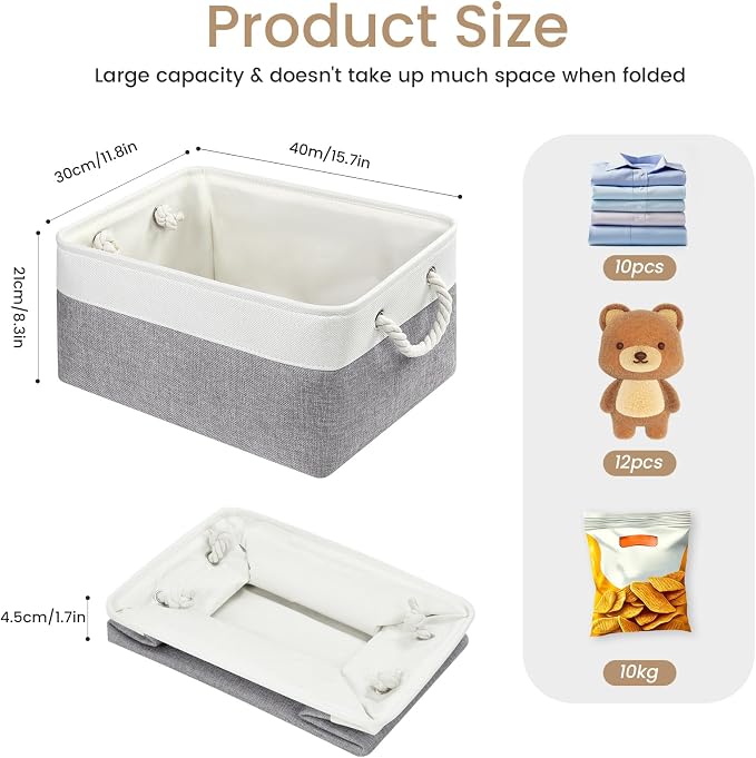 15.7x11.8x8.26 Inch Fabric Large Storage Bins with Handles 1 Pack | Foldable, Sturdy Metal Strand, Cardboard Support Molding, Fabric Storage Baskets for Shelves, Closet, Bedroom, White/Gray