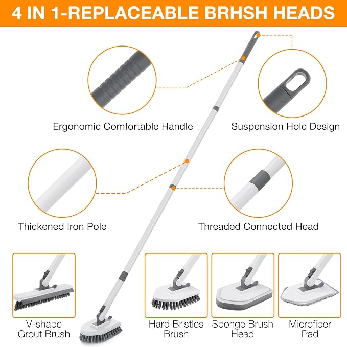 4 in 1 Shower Scrubber Cleaning Brush, Tub and Tile Scrubber with Long Handle, Grout Brush Stiff Bristles Scrub Sponge Brushes Microfiber Pad, for Toilet Bathroom Kitchen Wall Floor Glass Bathtub Sink