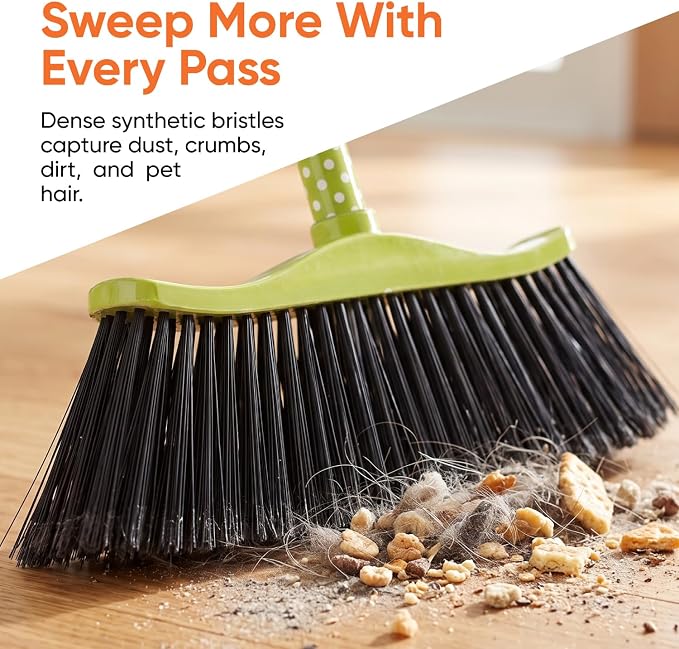 Superio Polka Dot Broom and Dustpan Set, Indoor & Outdoor Cleaning Set with Durable White Plastic Dustpan, Lightweight Household Floor Cleaning Set for Home, Kitchen, Office & Garage, Green/White