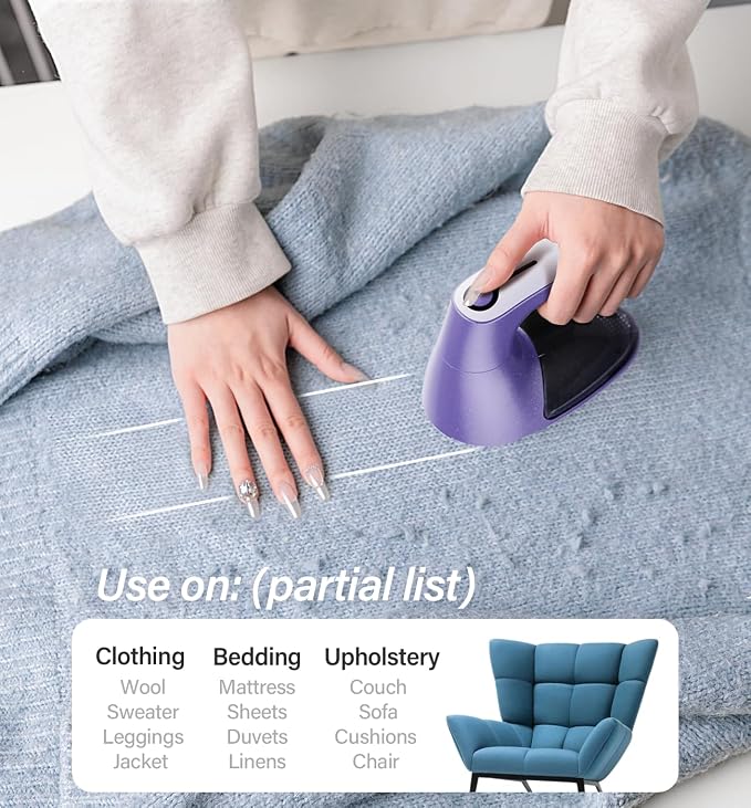 Bymore Fabric Shaver, Lint Shaver, Sweater Shaver for Clothes, Purple | Large 65mm head and six-leaf blades cover more area in fewer passes for fast, even care on sweaters, couches and furniture