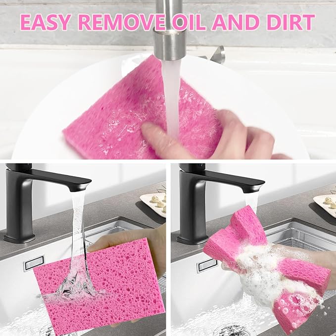 Cellulose Sponges, Large Size 4" x 6" x 1" - Heavy Duty Scrub Kitchen Sponge, Clean Tough Messes Without Scratching Kitchen Cleaning Pads, Pop Up Eco DIY (6 Pack), Pink
