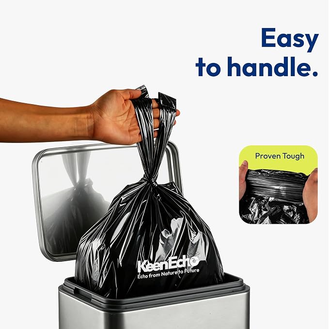 Small Trash Bags with Handles - Ocean Plastic Upcycling - Plastic Garbage Bags, Can Bin & Waste Basket Liner for Kitchen, Bathroom, Office and Pets,2.6 Gallon 200 Count Black