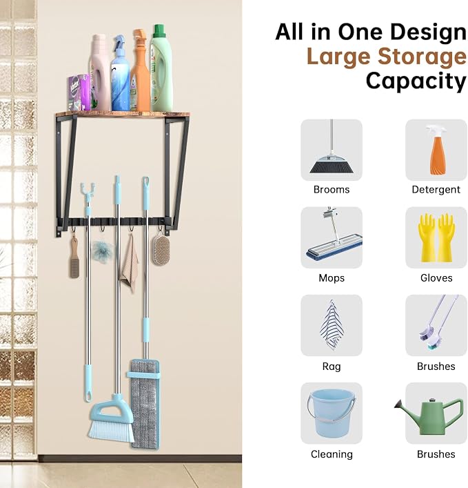 Broom and Mop Organizer Wall Mount, Heavy Duty Broom Hanger Wall Mount for Garage Laundry Room Utility Closet, Cleaning Tool Storage Rack Holder for Brooms Mops Swiffer and Household Organization