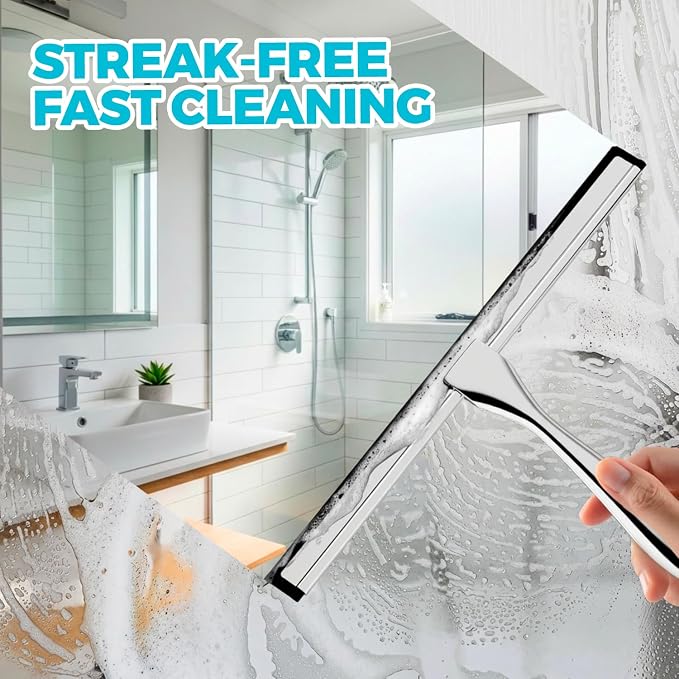 2pcs Shower Squeegee for Glass Doors with Adhesive Hanging Hook Set | 12” Silver, Bathroom Accessories, Window Cleaner, New Home Essentials, Soft Rubber Blade, Metal Handle, Ergonomic Grip