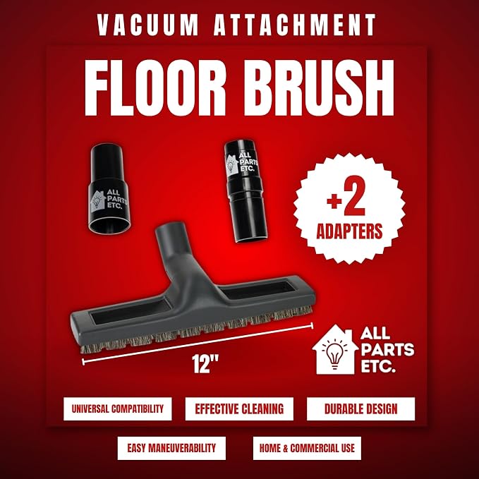 Vacuum Floor Brush Attachment, 12 Inch Brush for 1.25” Vacuum Accessories with Two Adapters for 1 3/8” & 1.5" Compatibility with Shop Vac, Shark, Miele, Bissell, Nutone, & Central Vacs