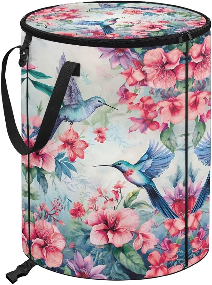 Hibiscus Floral Hummingbird Collapsible Camping Trash Can with Lid and Handles 24 Gallon Garbage Can Reusable Outdoor Trash Garden Leaf Bin Recycling Waster Bags