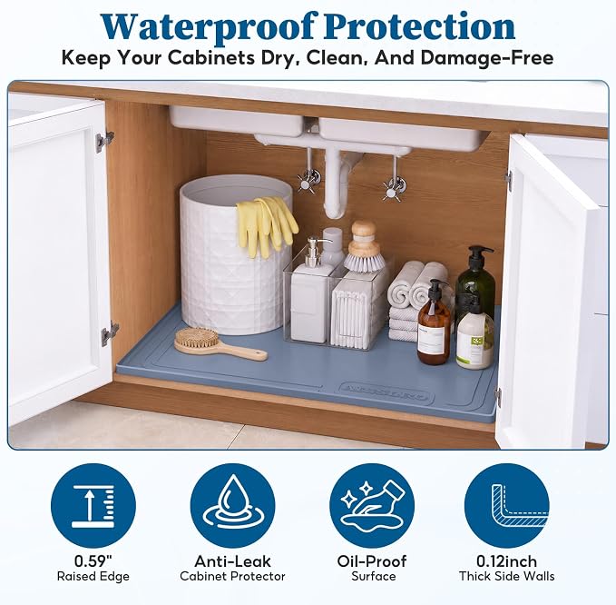 Waterproof Under Sink Mat 34"x22", Silicone Mat, Dark Blue | BPA-Free Shelf Liner, Raised Edge Traps Spills & Leaks, Bathroom, Kitchen Cabinet, for Boots, Pets, Home Essentials Organizer