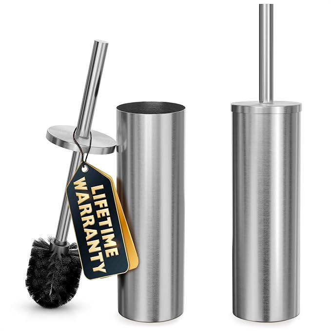 2Pcs Stainless Steel Toilet Brush and Holder Set, Hand Guard (Silver) | Toilet Bowl Brush and Holder, Removable Inner Bowl, Dense Bristles, Long Handle, Scratch Resistant, for Modern Bathrooms