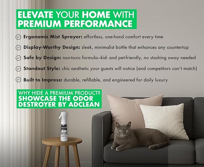 AdClean The Odor Destroyer l Odor Eliminator, No Scent, No Harsh Chemicals l Safe for Pets, People and the Planet l 10.14 fl oz Mist Spray