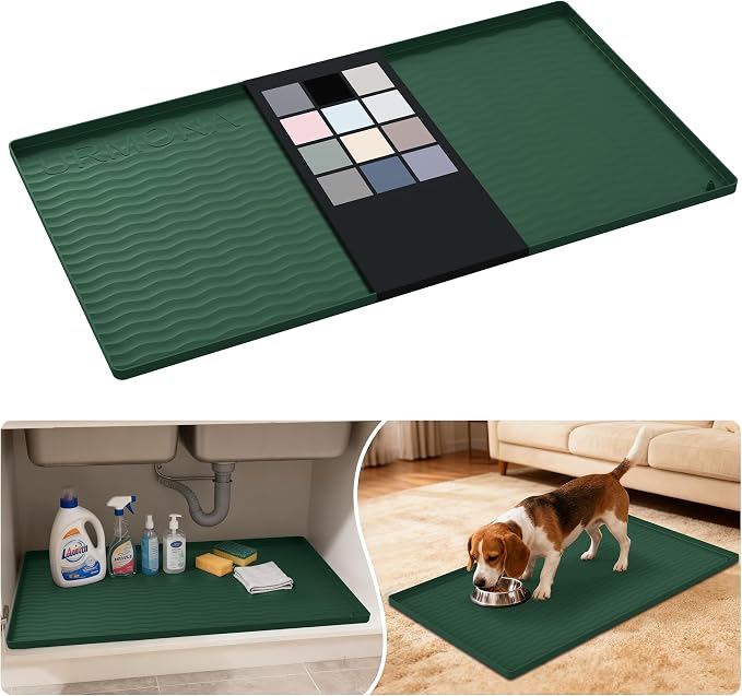 URMONA Waterproof Silicone Under Sink Mat 34'' x 19'' Shelf Liner for Kitchen and Bathroom, Cabinet and Counter Protector, Storage and Organizers, Litter Mat, Pet Cat Puppy Essentials(Green)