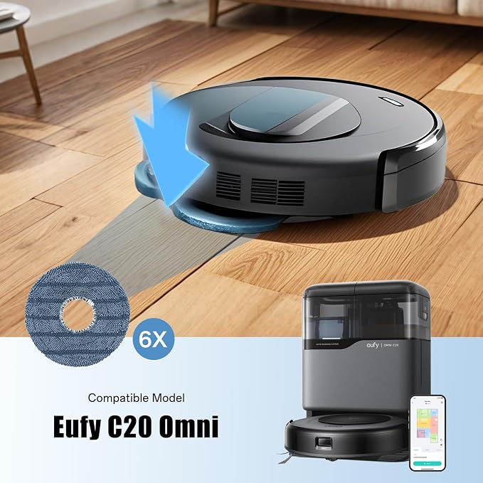 6-Pack C20 Mop Pads Compatible with Eufy Robot Vacuum Omni C20 – Washable Microfiber Mopping Cloth Refills, Reusable Replacement Pads for C20 Omni Floor Cleaner