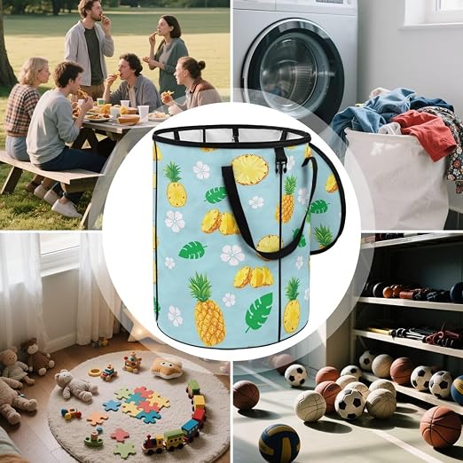 BIGCARJOB Pineapple Collapsible Trash Can Portable Tall Trash Can Holder Oval Recycling Bin 22.83x17.71 Outside Garbage Bin Bag with Clip and Zipper Lid