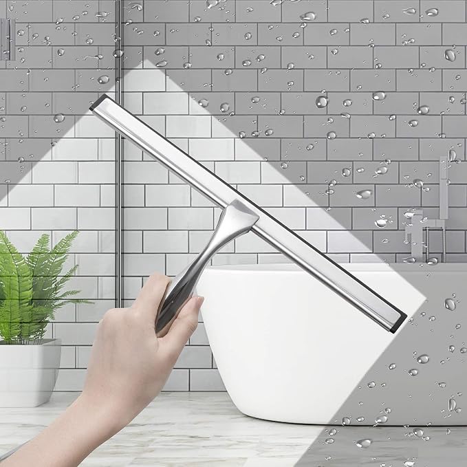 12-Inch Shower Squeegee Set, Includes Shower Door Hook and Adhesive Hook, Squeegee for Shower Doors, Mirror and Window, Silver (Pack of 3)
