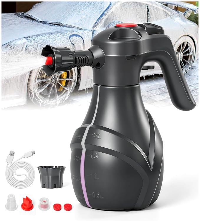 LuxBlue 68 oz Electric Foam Sprayer for Car Wash, 3000mAh Battery Powered | Car Foam Sprayer with Visible Capacity Scale, Type-C Charging Cordless Pressurized Foaming Cannon for Home, Garden Cleaning
