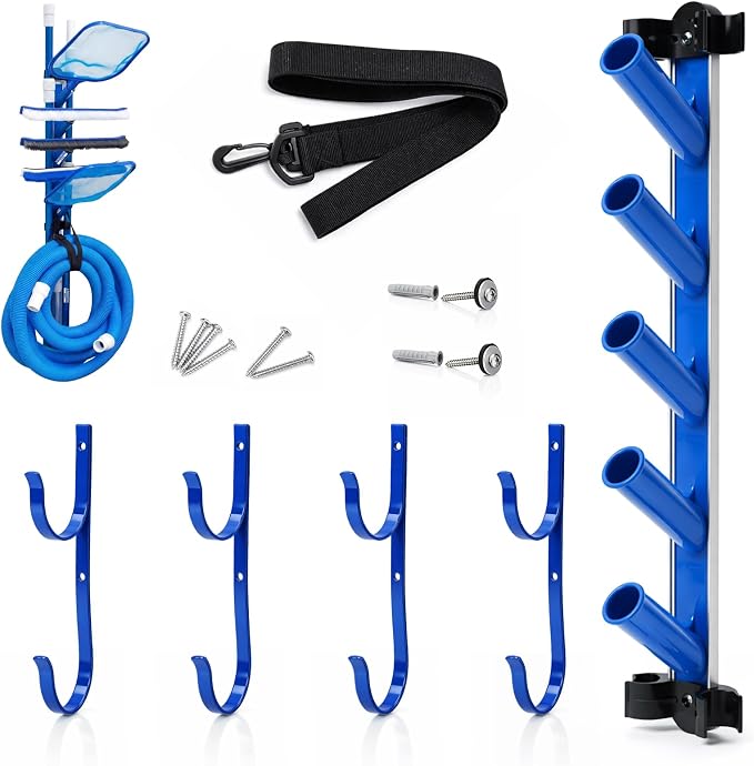 6 Pcs Swimming Pool Accessories Holder Set 4 Pool Pole Hanger Cleaning Maintenance Tool Equipment Organizer Storage Hooks Racks for Telescopic Poles Skimmers Nets Leaf Rake Brush Vacuum Hose