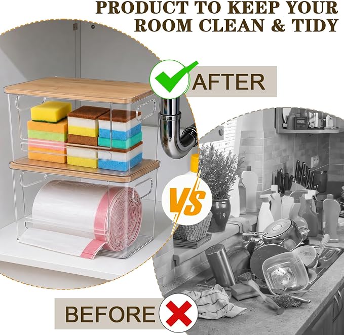 Trash Bag Dispenser Under Sink Organizer for Pantry, Kitchen, 2 Pack | Acrylic Garbage Bag Dispenser, with Bamboo Top & Handles, Extra Large, Keep Onions and Potatoes Neat, Clear, Stackable