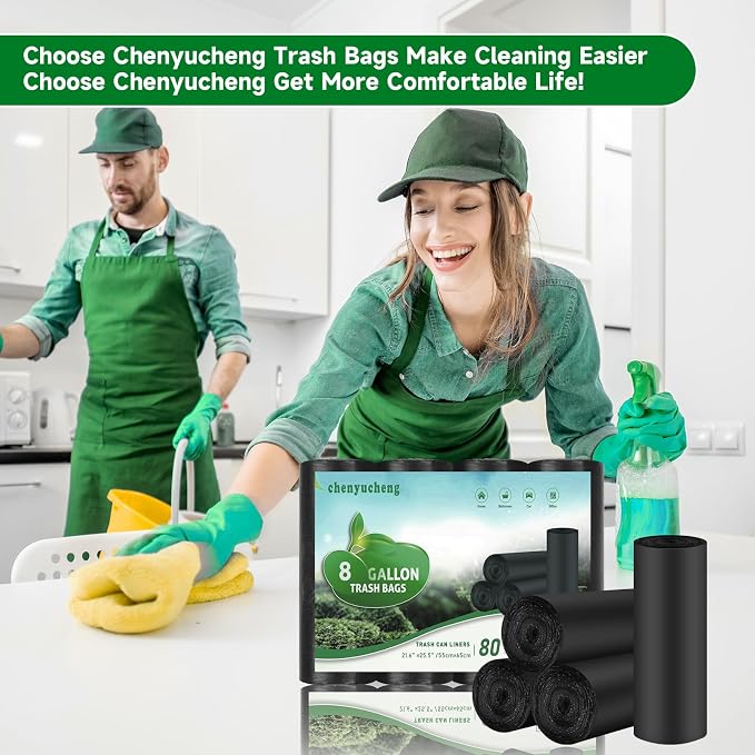 8 Gallon Trash Bags Black Biodegradable - Medium Kitchen Size 8 Gal Garbage Bag Unscented 80 Count Compostable Recycling Strong Thick Office Waste Basket Liners Bulk Chenyucheng