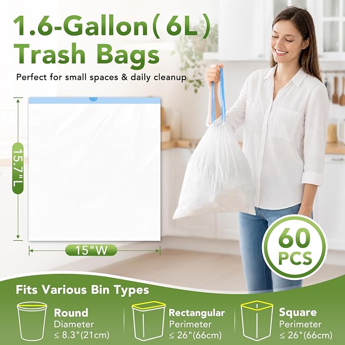 Delxo 1.6 Gallon Small Drawstring Trash Bags Mini Garbage Bags 60 Counts | Code Fit 1.2 - 2.0 Gallon Bathroom Trash Can Bin Liners, 4.5-8 Liter Plastic Garbage Bag for home office kitchen, White