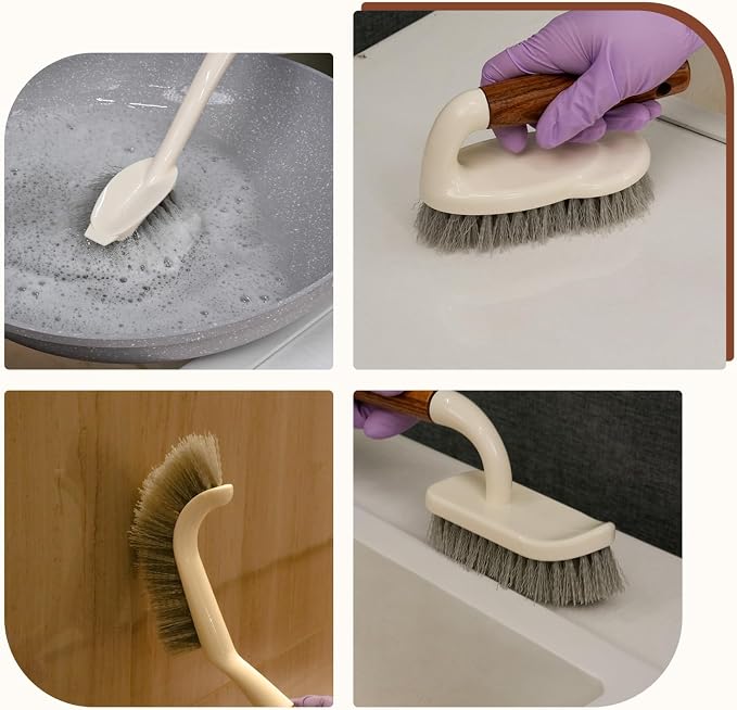 4-Pack Heavy Duty Scrub Brushes Set with Wooden Handles | Triangle & Square Floor Scrubber, Dish Brush, Grout Cleaner for Kitchen, Bathroom, Tile, Carpet & Stubborn Stains Removal