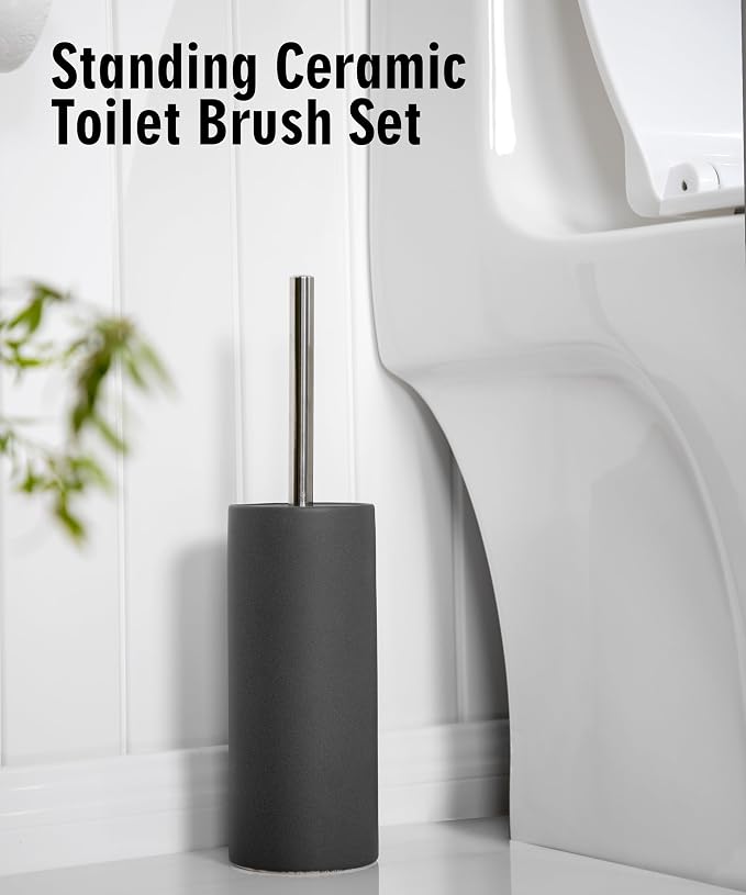 Matt Gray Ceramic Toilet Brush and Holder Set | Freestanding Toilet Bowl Cleaners Brush, Scrubber Brush for Toilet, Bathroom Accessories with Stainless Handle, Deep Cleaning
