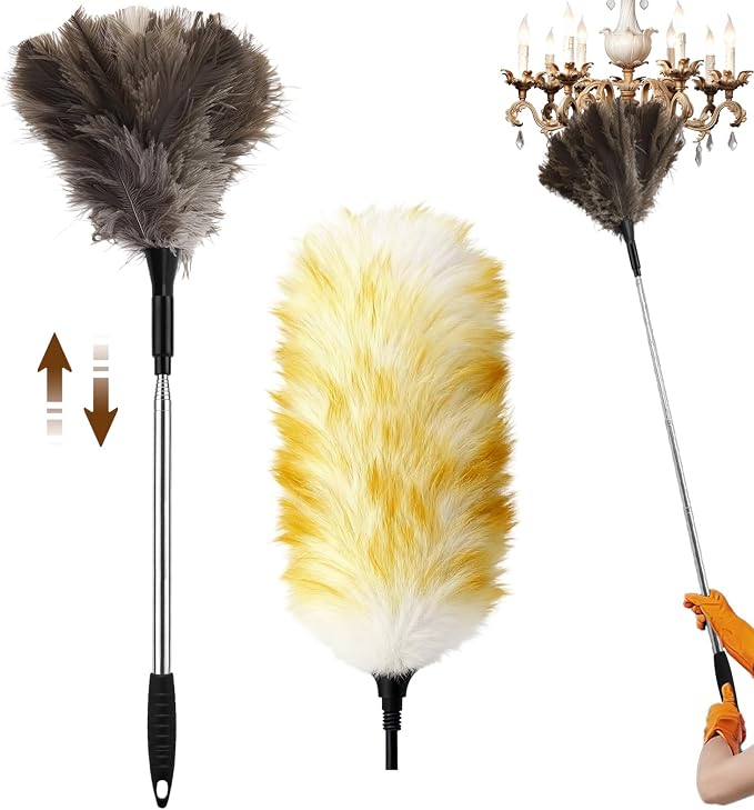 Extendable Ostrich Feather Duster with Bonus Wool Feather Duster Head - Natural Fluffy Non-Slip Handle Feathers Dusters for Cleaning Ceiling Fans, Blinds, Roof Dusting, High Surfaces (18-48 in)