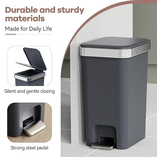 2PACK 2.6 Gal Small Bathroom Trash Can with Lid Foot Pedal,Dark Gray | Step Pedal Wastebasket Plastic Garbage Can with Pop-Up Lid for Kitchen,Bedroom,Office,Dorm,Laundry,Restroom,Rv,White