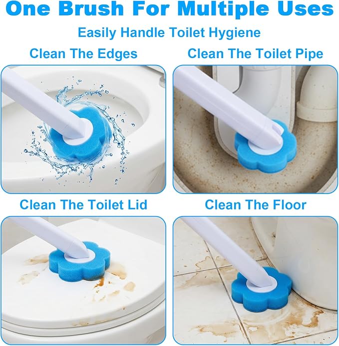 Ptwola 2 Pack Disposable Toilet Brush Holder Set Wall Mounted Extended Handle Toilet Bowl Cleaning Wand Stick Kit with 48 Refills Replacement Heads Pads for Bathroom Bathtub Deep Cleaners Maintenance