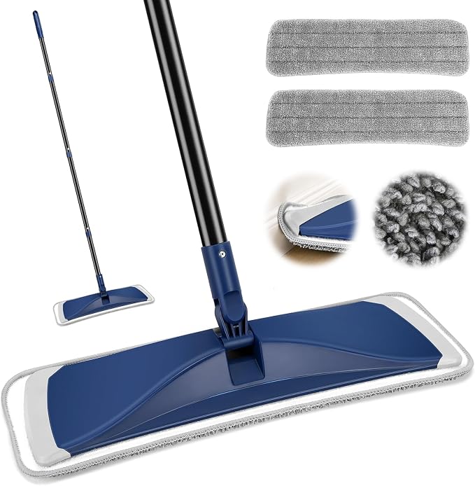 BUVE Microfiber Flat Mop for Hardwood Floors Cleaning | Wet Dry Use|360°Swivel Head|2 Washable Pads|Silicone Bumper Edge|59" Adjustable Handle for Vinyl,Laminate,Tile Floor Dust