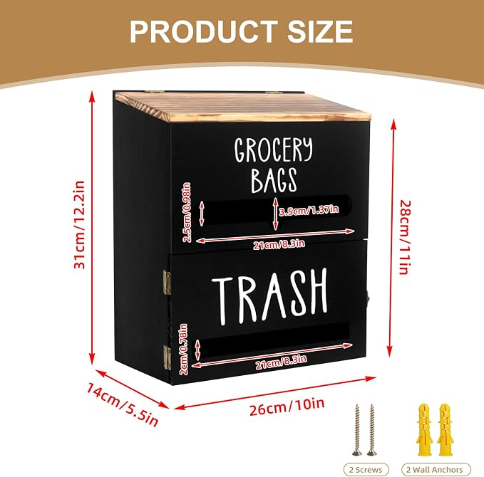 2 in 1 Trash Bag Dispenser, Double Wall Mounted,Wood Trash Bag Holder, used in kitchen, garage, laundry room, can store Environmentally friendly food bags and garbage bags (Black)